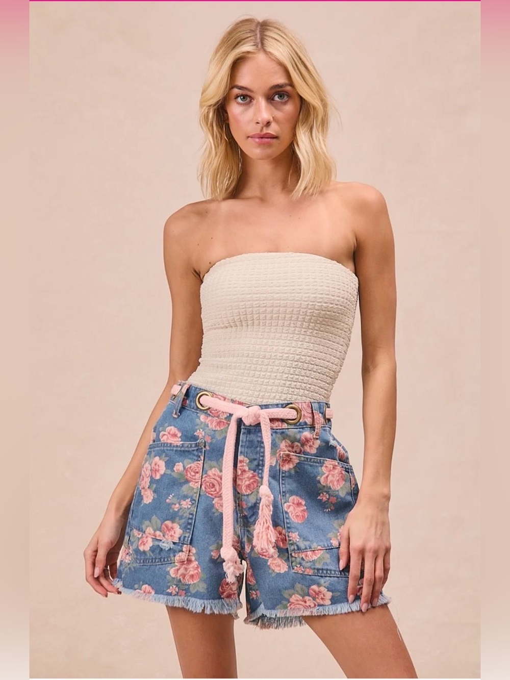 BiBi Blue Floral Denim Shorts with Pink Rope Waist Women’s Size Medium NWT!